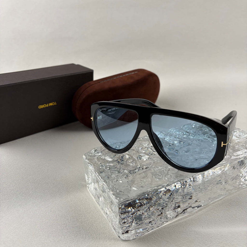 Modern Oversized Aviator Sunglasses, Glossy Black Frame & Blue Lens