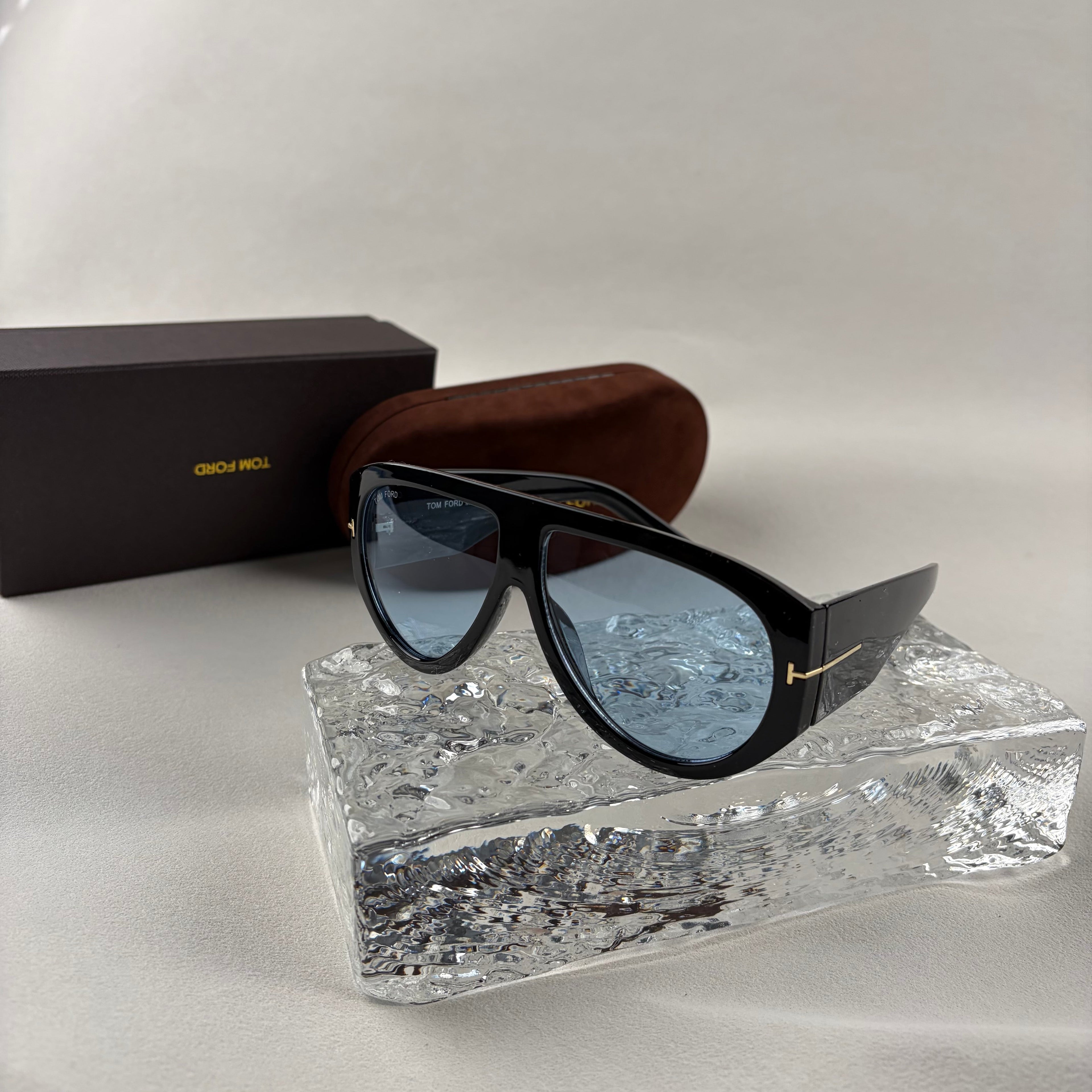 Modern Oversized Aviator Sunglasses, Glossy Black Frame & Blue Lens