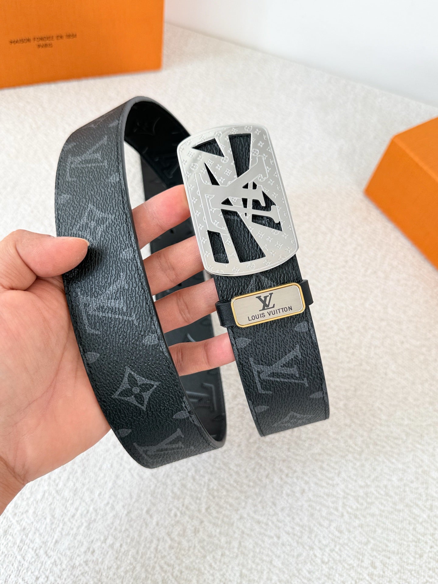 Modern Monogram Embossed Leather Belt | 3.8cm Width Men's Accessory