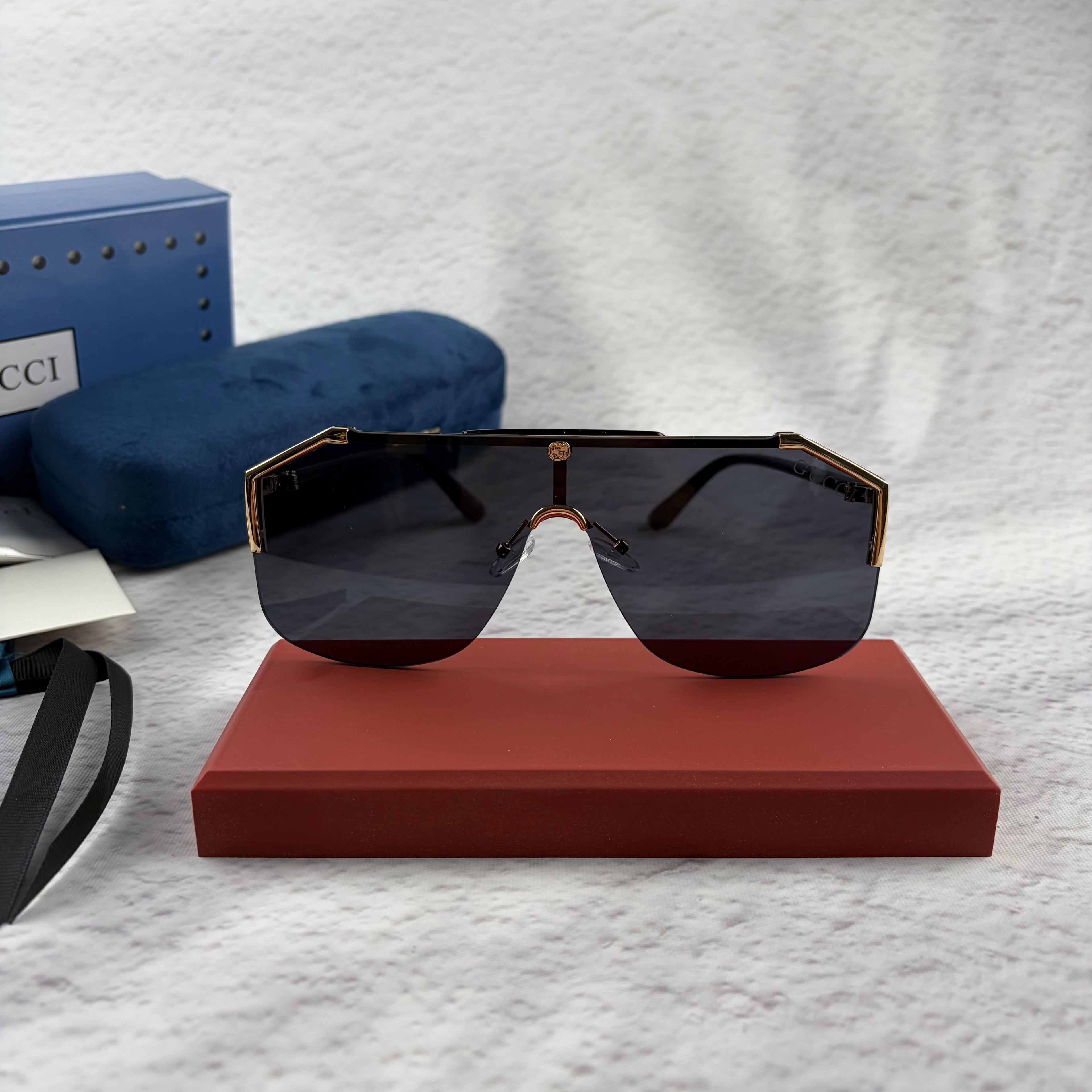 Oversized Shield Sunglasses - Gold Metal Frame & Black Lens
