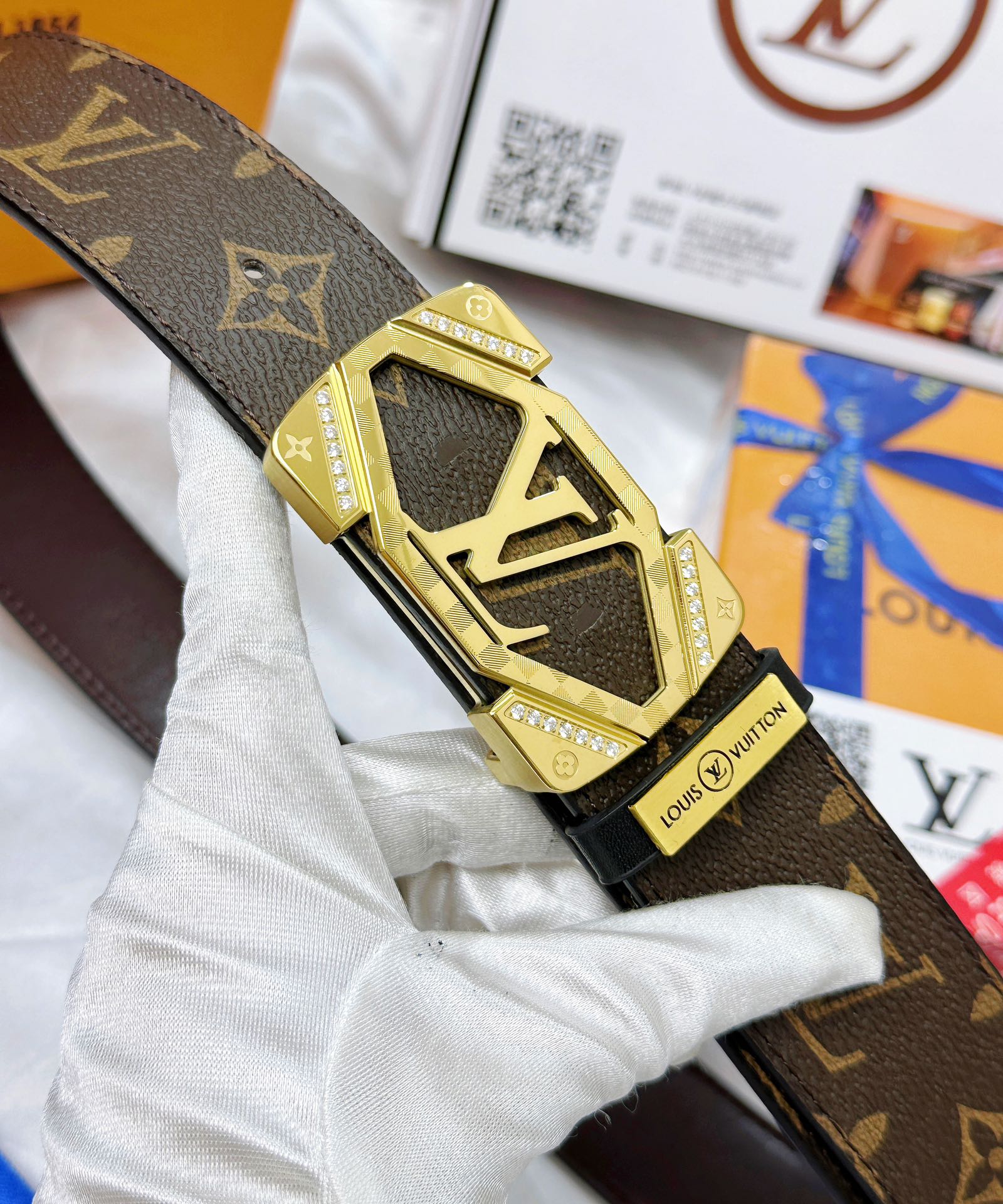 Monogram Leather Belt with Gold Geometric Buckle