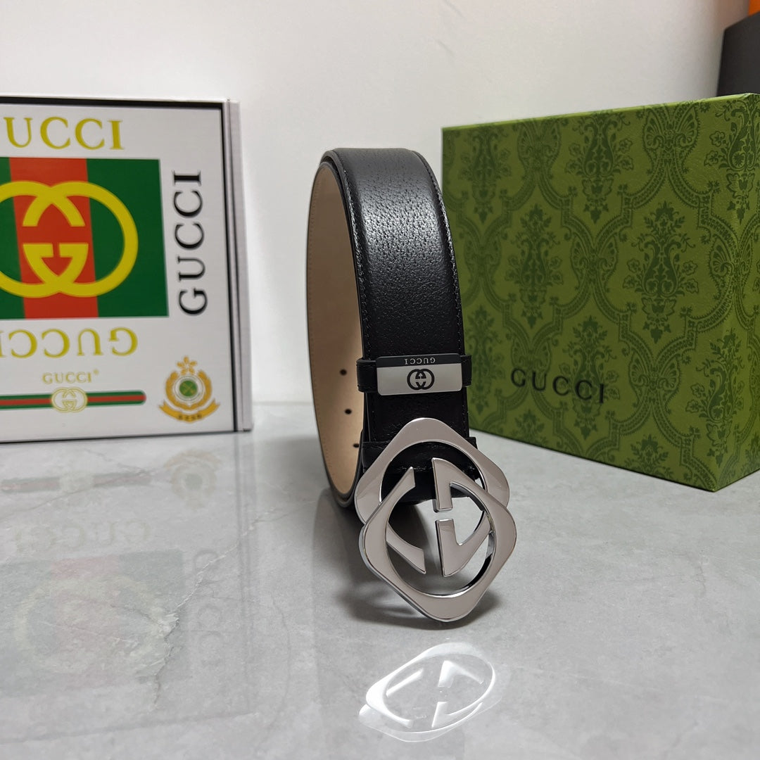 Black Leather Belt with Silver GG Buckle