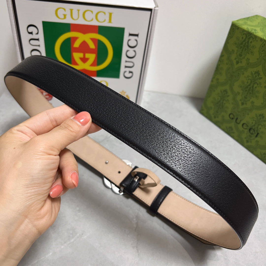 Black Leather Belt with Silver GG Buckle